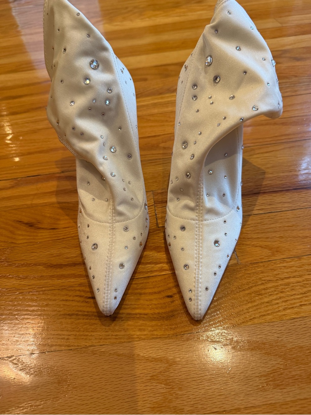Stuart Weitzman White Crystal-Studded Pointed Toe Heeled Boots